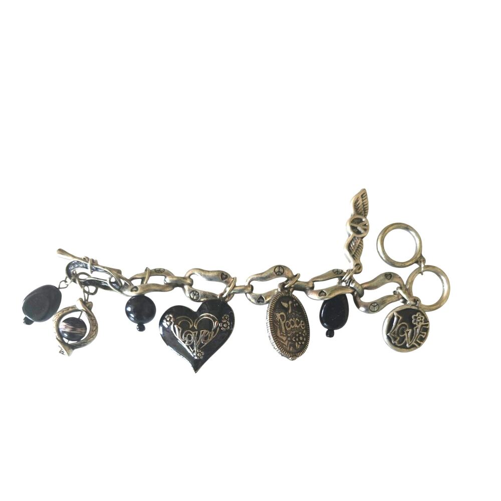 Vintage Hippy Goth Boho Peace love toggle Charm Bracelet Black